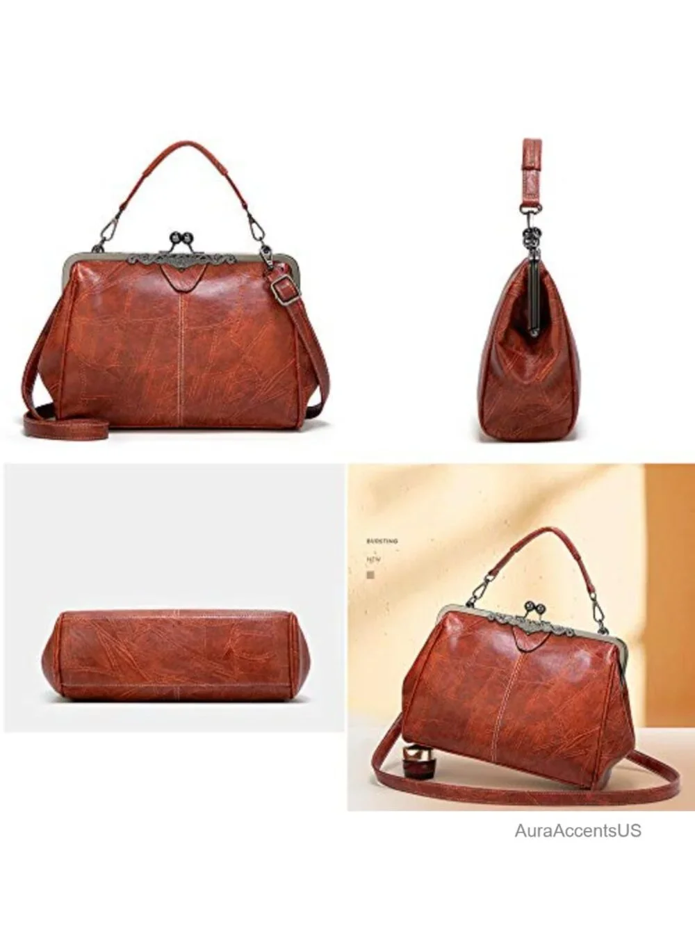Women's Retro Faux Leather Top Handle Crossbody Bag Kiss Lock